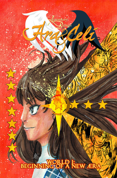 There is text at the top and bottom of this colorful illustration. The top is a logo that says LEGENDARY BEINGS ARA &amp; CELI, while the bottom says in all caps WORLD 1: BEGINNING OF A NEW ÆRA.

The picture is done traditionally with markers, acrylic and watercolors. There are three figures: all female. The main figure in the foreground is in the middle, profile looking to your left. She appears determined, confident. In front of her are floating stars, numbering 7.

From the area around her ear emerge multiple things a la symbolism. Firstly, a giant star under a smaller star that's the same shape and style as the stars in front of the main figure. From here emerge 4 more stars. For a total of 11 stars featured.

The other two things that emerge from the ear area are two big lines featuring the other two female figures: the top one is an angel looking to your right. She appears serious. The bottom one is a devil, arms crossed and smiling. She appears to be enjoying something from afar, as she's looking to your left, almost back to the main figure.