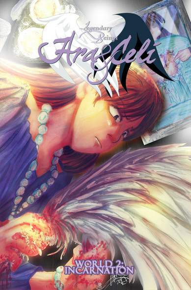 There is text at the top and bottom of this colorful illustration. The top is a logo that says LEGENDARY BEINGS ARA & CELI, while the bottom says in all caps WORLD 2: INCARNATION.

The picture is done traditionally with markers, acrylic and watercolors. There is some additional digital effect with the light near a hospital light, as the setting is similar to that of a surgery room.

There is one figure but two others whose bodies aren't completely seen. The first figure is the main figure, the focus of our illustration. Her expression is dour, as if she's doing something that is done "wrong" but still needed. She's holding in her hands a pair of wings; however, her hands are bloodied, as they've been stained with the blood dripping from the wing part that would connect the wings to the figure's back. In fact, this part also has been stained plenty with blood.

Above her is a window, akin to those used in hospitals to help doctors see better while in surgery. We can see here that there is someone pointing to the "patient" on a bed -- this patient's face is obscured, laying flat on her back but also obscured by a teal sheet, with their back only visible. There appears to be some bloody spots on the back already, indicating a phase of surgery undergoing. There also appears to be a black line that either indicates an open wound or a stitched up part. You make the decision on what happened here...