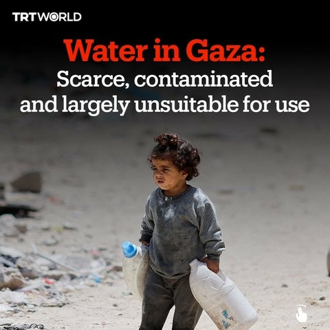 A picture of a very young child - 3 or 4 - carrying large empty bottles through a shattered landscape, searching for water.  Text reads:
WATER IN GAZA: SCARCE, CONTAMINATED AND LARGELY UNSUITABLE FOR USE