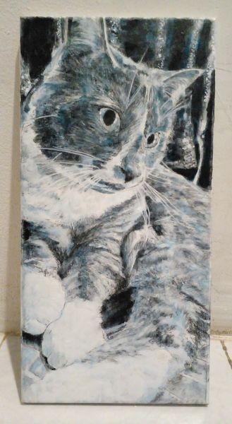a  black and white and blue painting of a cat, seen from a low perspective, it is laying on its side, looking to the right