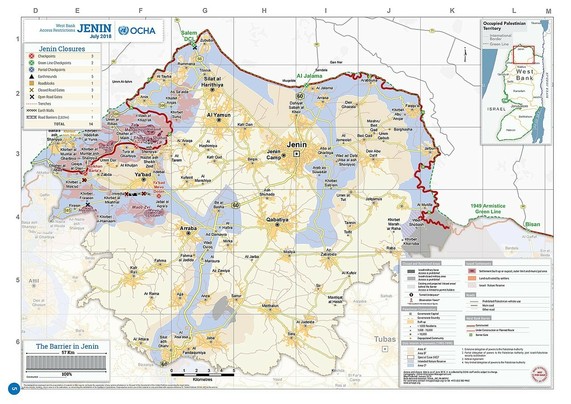 2018 United Nations map of the Jenin area, showing the Israeli occupation arrangements.