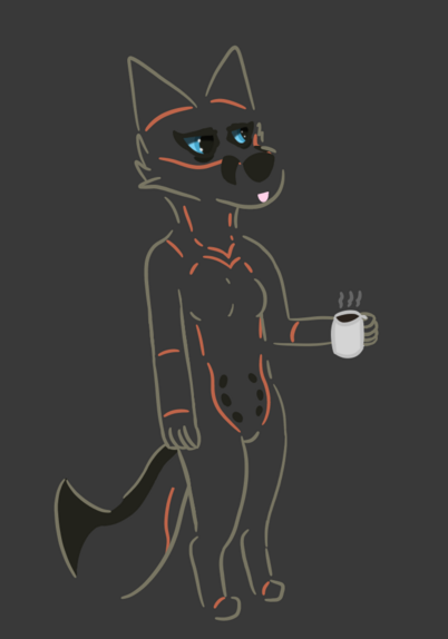 tired anthro grey fox holding a cup of coffee