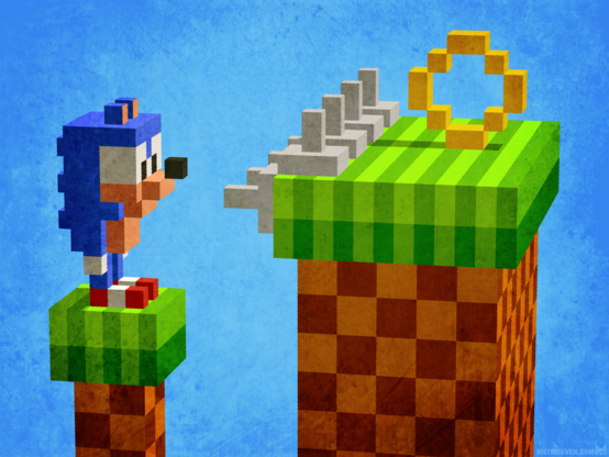 Minimalistic voxel-style Sonic the Hedgehog game scene, showing Sonic looking at menacing spikes that stand in the way between him and a gold ring.