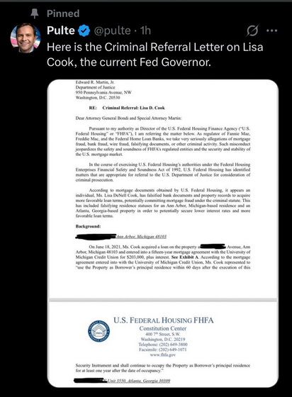 William Pulte FHFA director tweet with criminal referral letter