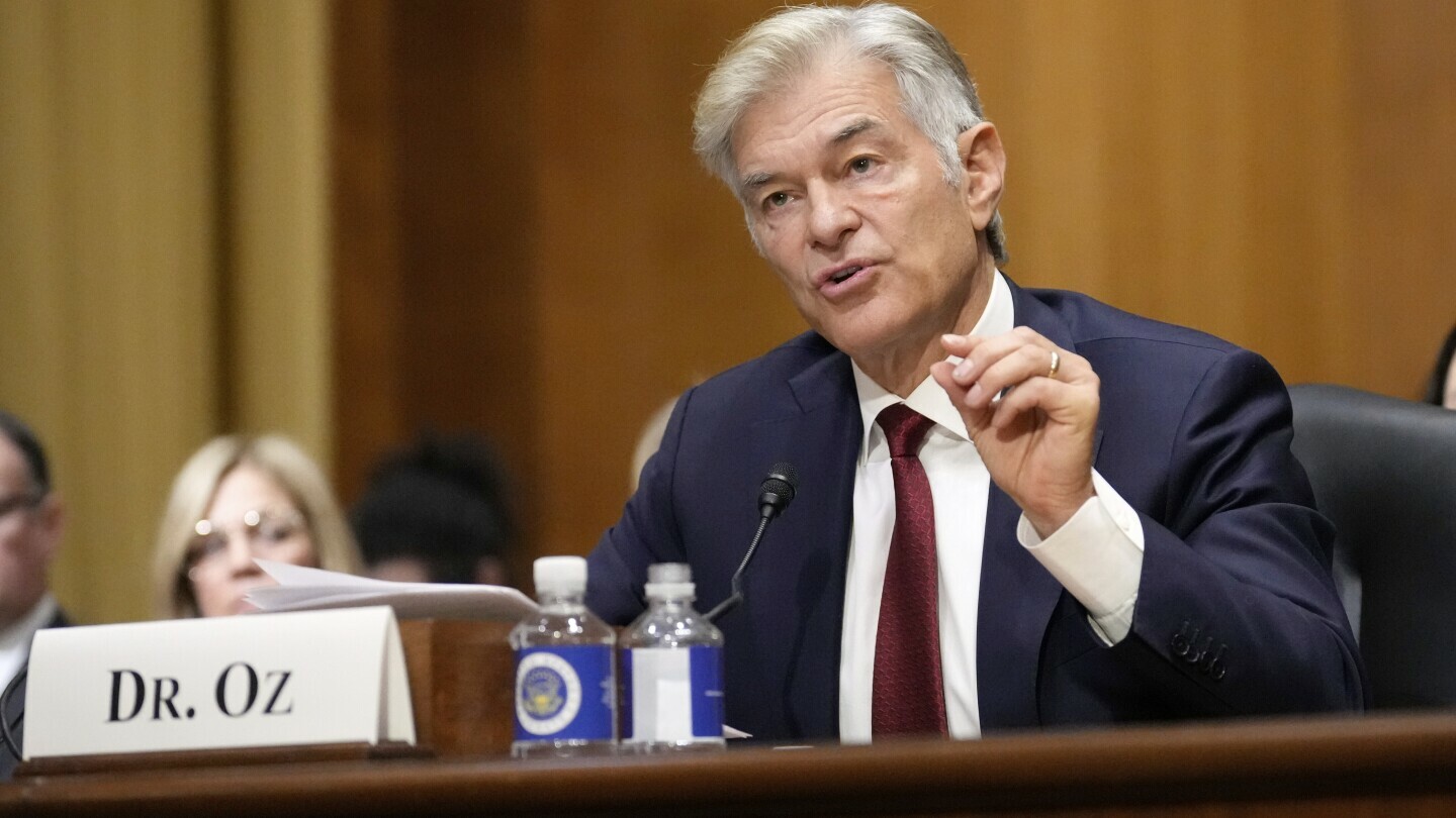 Dr. Mehmet Oz, President Donald Trump's pick to lead the Centers for Medicare and Medicaid Services, testifies at his confirmation hearing before the Senate Finance Committee on Capitol Hill in Washington, March 14, 2025. (AP Photo/Ben Curtis, File)