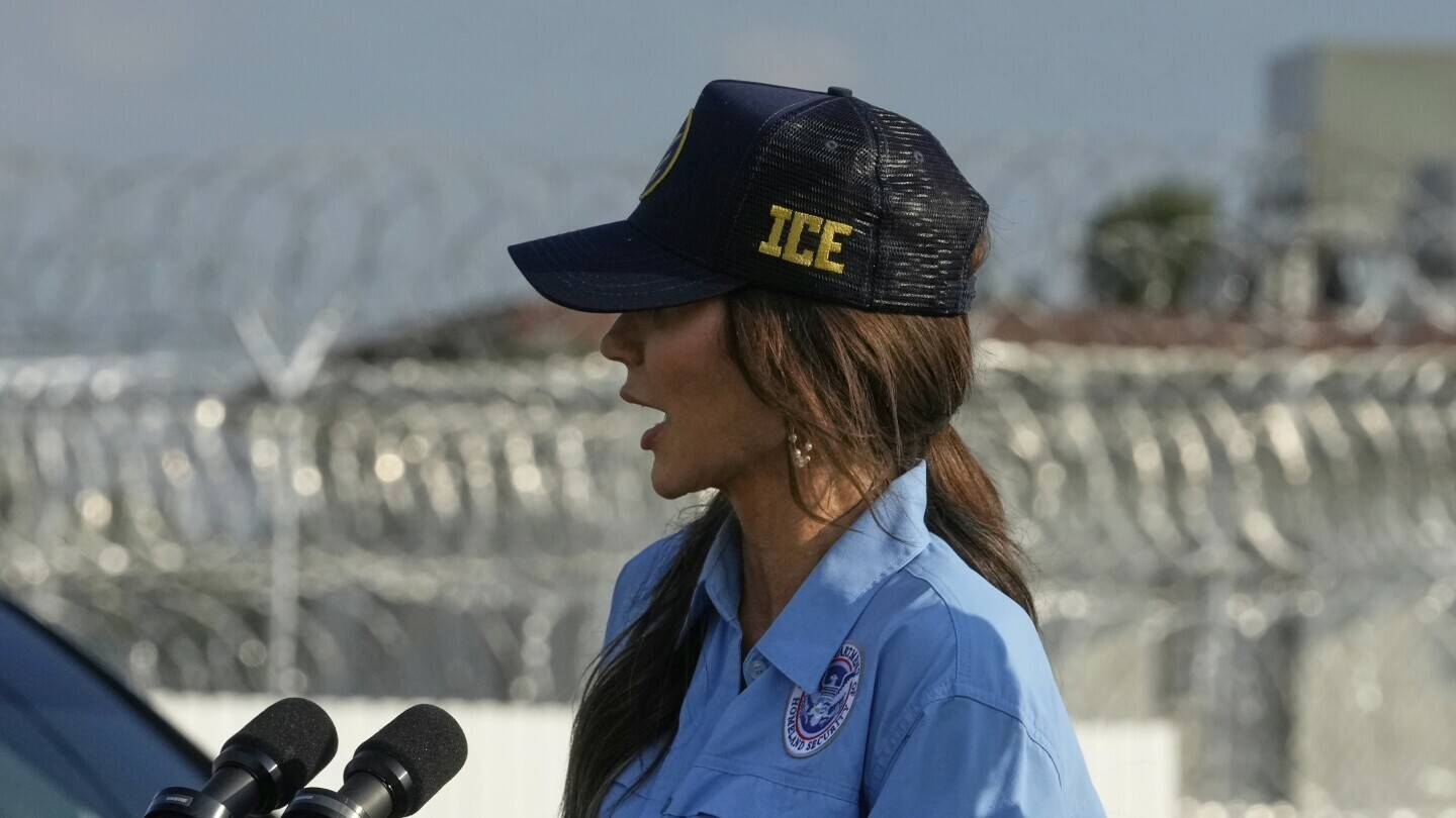 Homeland Security Secretary Kristi Noem speaks to reporters before touring "Camp 57," a facility to house immigration detainees at the Louisiana State Penitentiary in Angola, La., Wednesday, Sept. 3, 2025. (AP Photo/Gerald Herbert)