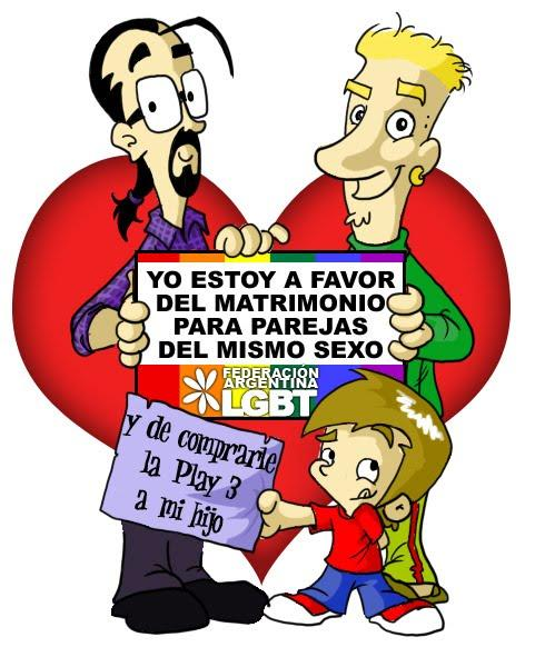 Una viñeta de cuadro único en la que se ven dos varones adultos y un chico, sosteniendo el cartel emblemático del Matrimonio Igualitario (y el nene añade, en broma, un cartel sobre regalarle una PlayStation). De fondo, un gran corazón rojo.